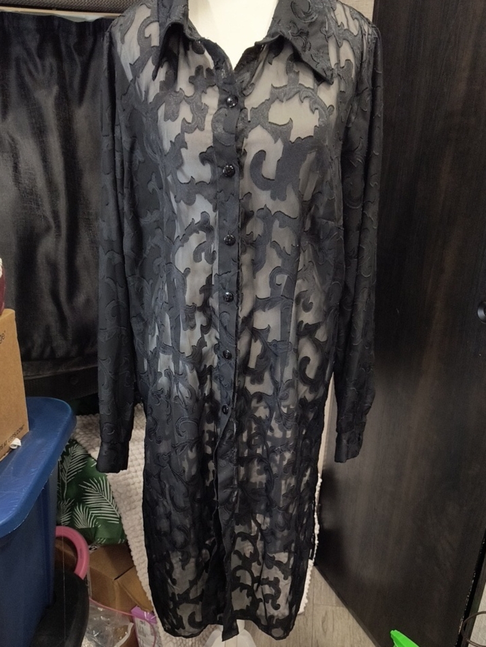 Sheer Black Longline Shirt Dress/Nightshirt with Swirl Pattern